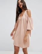 Asos Cold Shoulder Deep V Cotton Dress - Pink