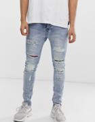 Sixth June Super Skinny Jeans In Blue With Multi Print Distressing - Blue