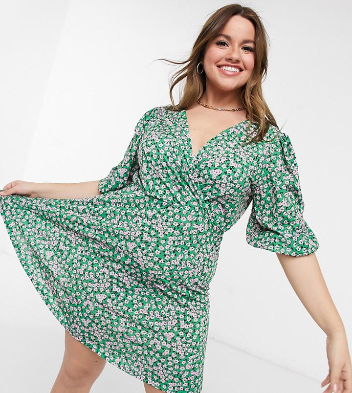 Asos Design Curve Mini Tea Dress With Twist Front In Green Floral Print