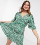 Asos Design Curve Mini Tea Dress With Twist Front In Green Floral Print