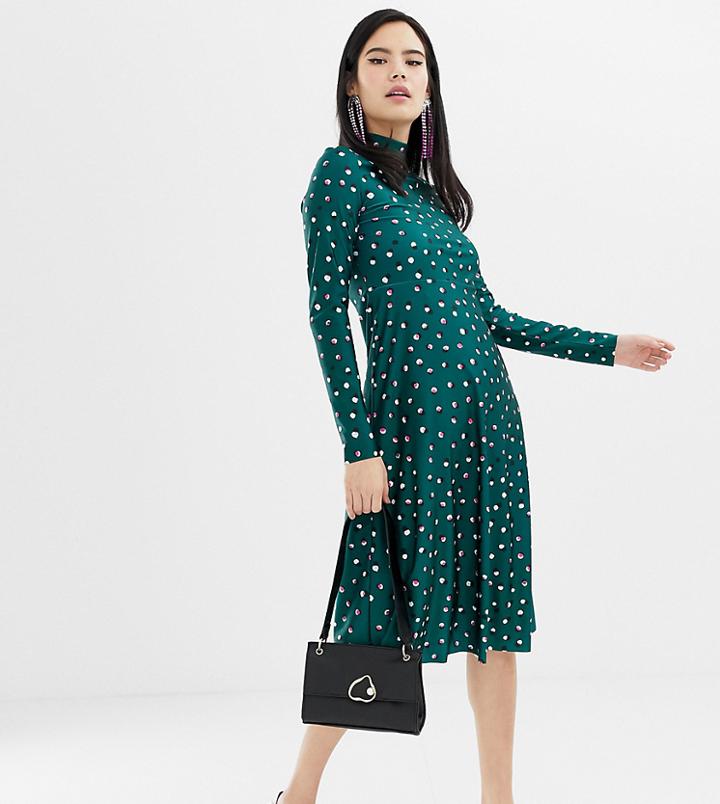 Monki High Neck Dot Print Midi Dress In Green