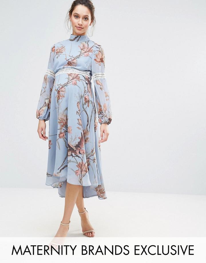 Hope & Ivy Maternity Bird Print Lace Insert Midi Dress - Blue