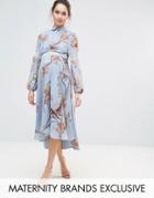 Hope & Ivy Maternity Bird Print Lace Insert Midi Dress - Blue