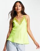 Asos Design Satin Cami With Lace Neck And Waist Insert In Lime Green