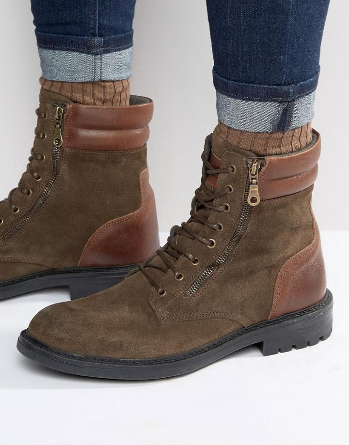 Walk London Stepney Suede Lace Up Boots - Green