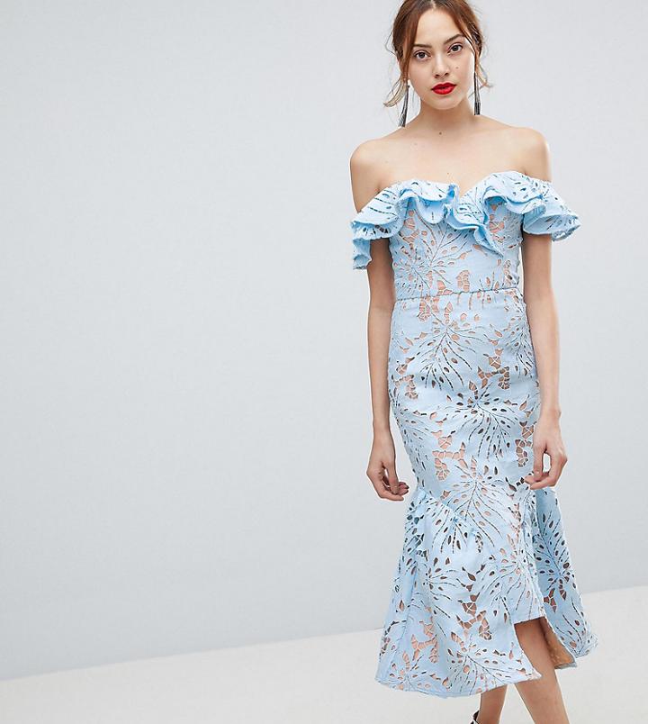 Jarlo Tall Frill Cutwork Lace Off Shoulder Stepped Hem Midi Dress - Blue