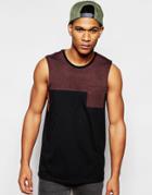 Asos Sleeveless T-shirt With Contras Yoke In Black/oxblood