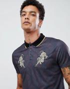 Asos Design Polo In Textured Jersey With Embroidered Tiger And Metallic Tip Collar - Red