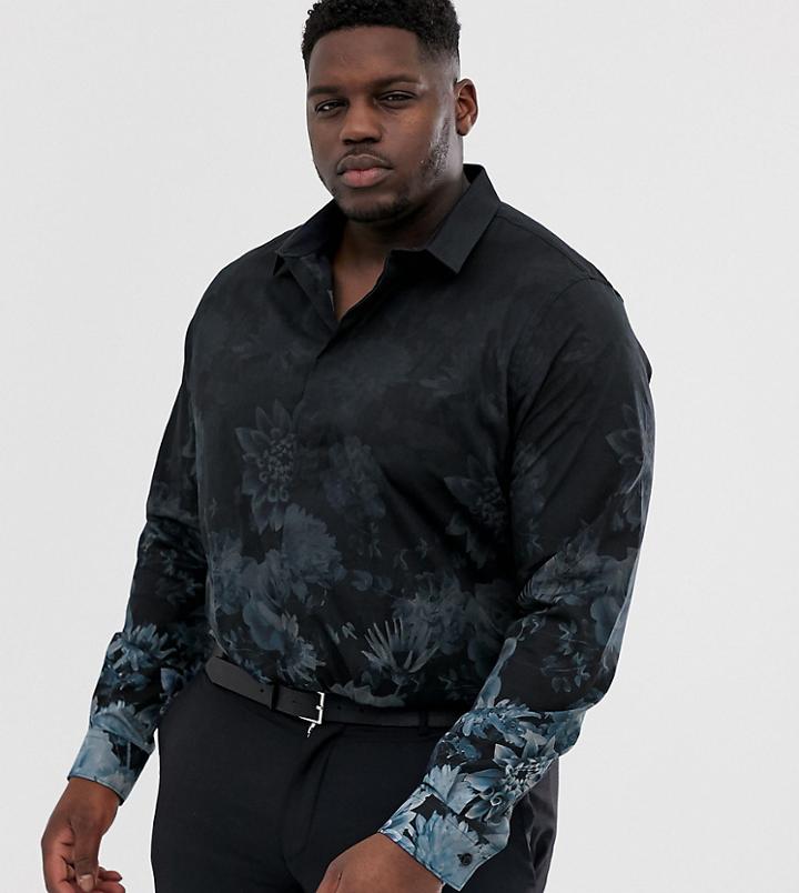 Twisted Tailor Plus Super Skinny Fit Shirt With Floral Fade Print In Navy - Navy