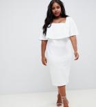 Asos Design Curve Midi Dress With Double Layer And Square Neck - White