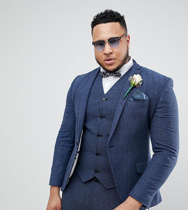 Asos Plus Wedding Super Skinny Suit Jacket In Petrol Blue Herringbone - Blue