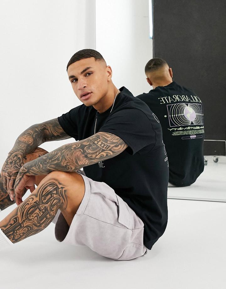 Topman Oversized T-shirt With Front And Back Collaborate Print In Black