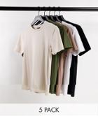 Asos Design 5 Pack Cotton Blend Muscle Fit T-shirt With Crew Neck In Multi - Multi
