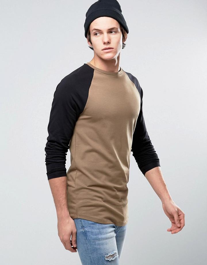 Asos Longline Muscle Contrast Raglan With Curved Hem - Brown