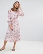 Pearl Polka Print Cold Shoulder Dress - Pink