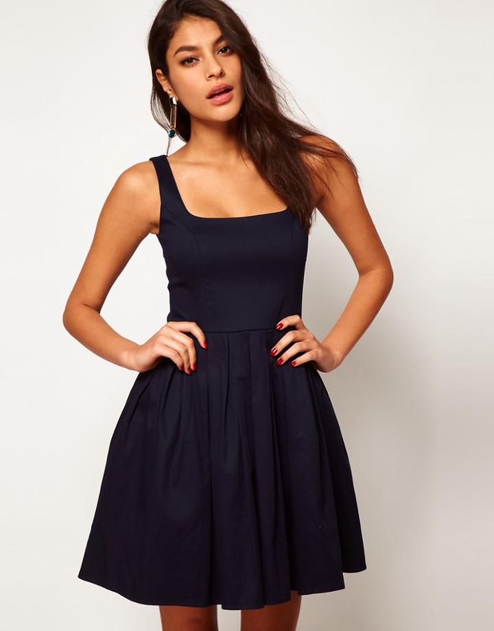 Asos Skater Dress In Cotton Sateen With Square Neck - Red