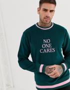Asos Design Sweatshirt With Slogan Text Print In Towelling - Green