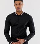 Asos Design Tall Stretch Slim Fit Poplin Shirt With Rib Grandad Collar-black