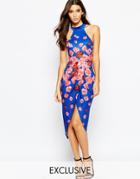 Ginger Fizz High Neck Dress With Wrap Over Front In Floral - Blue Red Floral