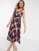 Asos Design Cami Plunge Midi Dress With Blouson Top In Grid Print-multi