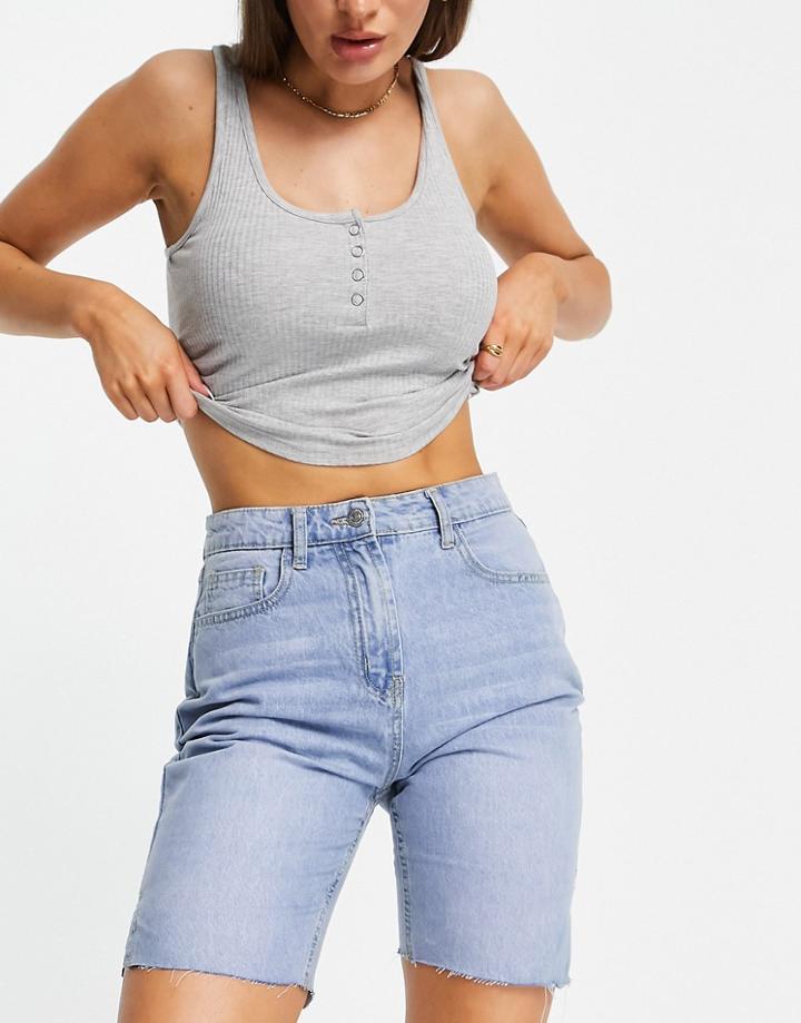 Parisian Longline Denim Shorts With Raw Hem In Light Blue