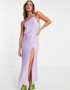 Asos Design One Shoulder Midaxi Dress In Satin With Drape Back In Lilac-purple