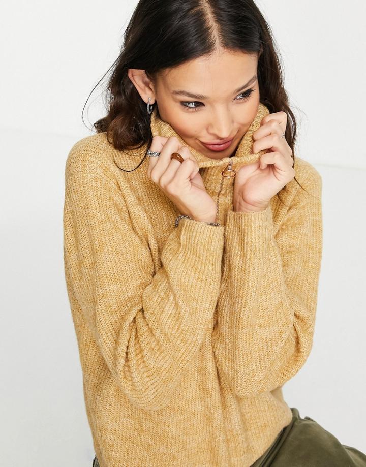 Vero Moda Zip Funnel Neck Sweater In Camel-brown
