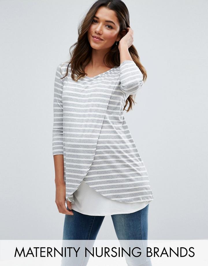 Bluebelle Maternity Nursing Wrap Front Stripe Jersey Top - Gray