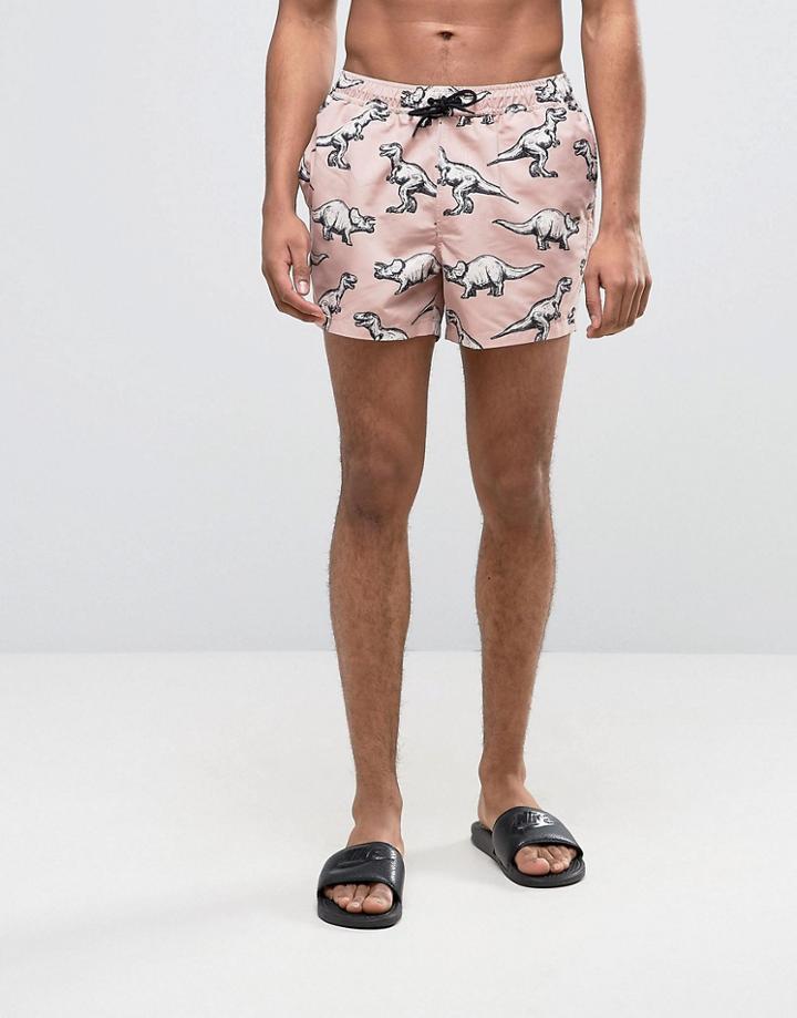 Asos Swim Shorts With Dinosaur Print In Short Length - Pink