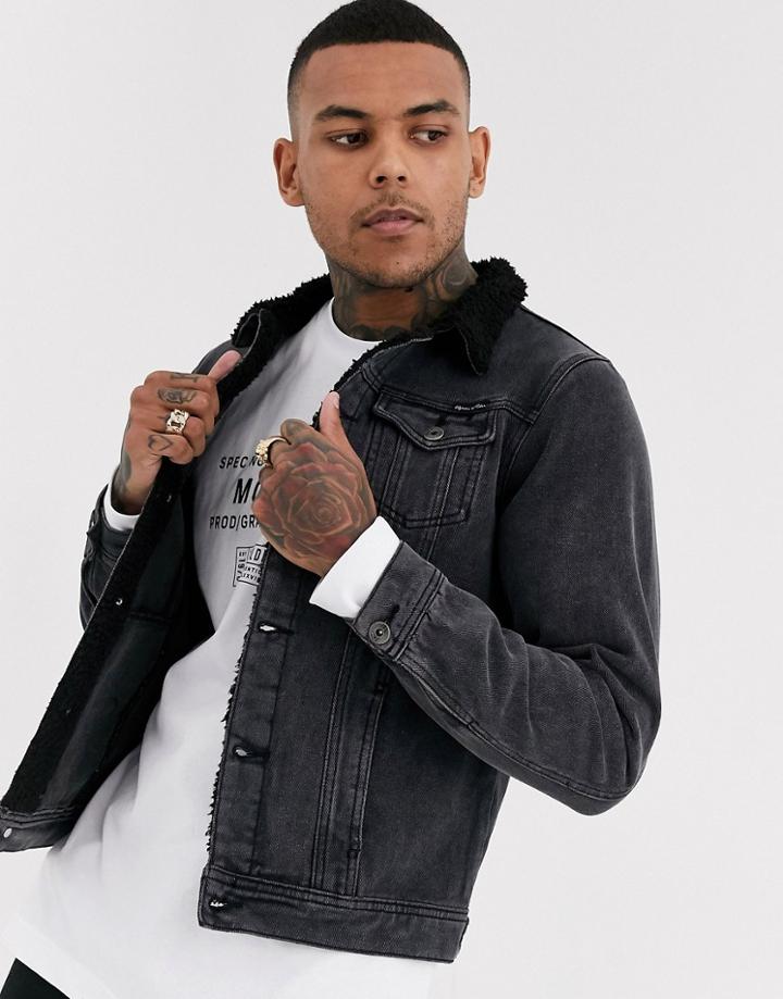 Liquor N Poker Denim Jacket With Fleece Collar In Black