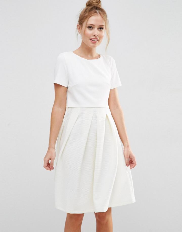 Asos Full Double Layer Midi Dress With Rib Skirt - Cream