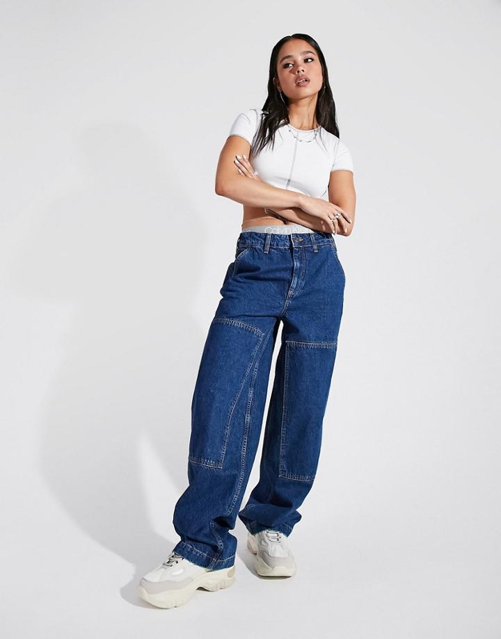 Asos Desgin Organic Cotton Blend Mid Rise Oversized Combat 'skater' Jean In Darkwash-blues