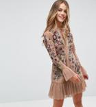 Frock And Frill Petite Allover Premium Embellished Fluted Hem Detail Skater Dress - Beige
