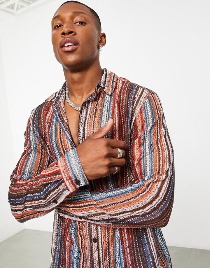Asos Design Skinny Shirt In Rainbow Crochet Stripe-multi