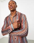 Asos Design Skinny Shirt In Rainbow Crochet Stripe-multi