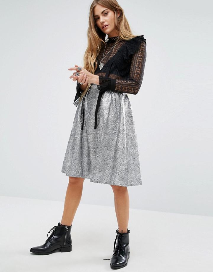 Navy London Crystal Metallic Skirt - Silver