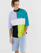 Asos Design Organic Oversized T-shirt With Turtle Zip Neck And Half Sleeve With Color Block And Side Vents-multi