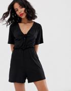 Monki Jersey Tie Front Romper In Black