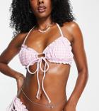 Daisy Street Bikini Top With Tie Front And Ruching In Mini Gingham Print-pink