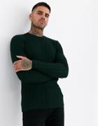 Asos Design Muscle Fit Lightweight Cable Sweater In Dark Green