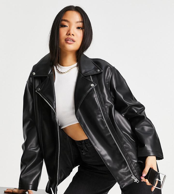 Asos Design Petite Longline Oversized Leather Look Moto Jacket In Black
