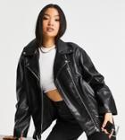 Asos Design Petite Longline Oversized Leather Look Moto Jacket In Black