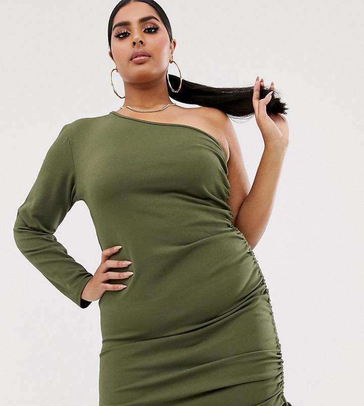 Fashionkilla Plus Going Out One Shoulder Long Sleeve Ruched Side Mini Dress In Khaki-green
