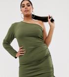 Fashionkilla Plus Going Out One Shoulder Long Sleeve Ruched Side Mini Dress In Khaki-green