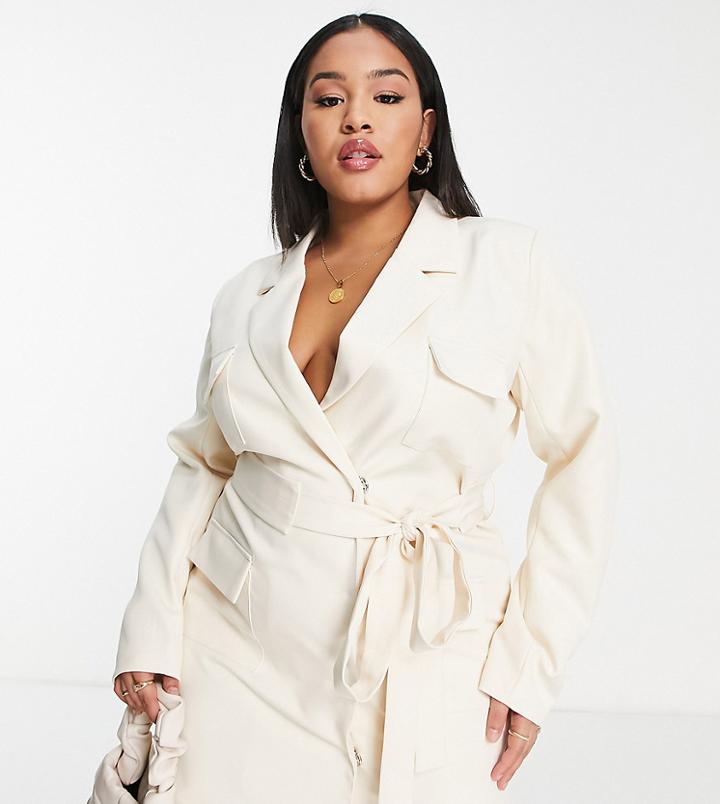 In The Style Plus X Perrie Sian Pocket Detail Utility Blazer Dress With Belt Detail In White
