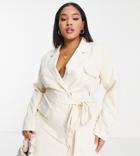 In The Style Plus X Perrie Sian Pocket Detail Utility Blazer Dress With Belt Detail In White