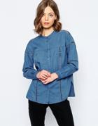 Asos Denim Shirt With Ladder Insert Detail In Mid Wash Blue - Indigo Rose Navy