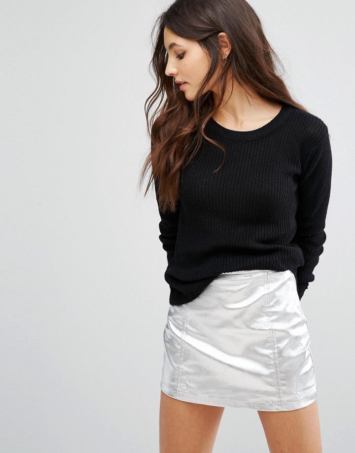 Pull & Bear Round Neck Rib Sweater - Black