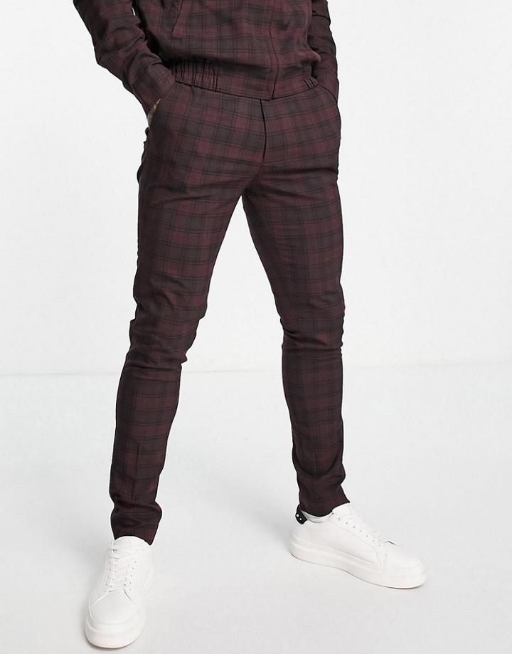Asos Design Smart Skinny Tartan Drawcord Waist Pants In Burgundy - Part Of A Set-red