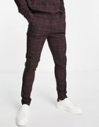 Asos Design Smart Skinny Tartan Drawcord Waist Pants In Burgundy - Part Of A Set-red